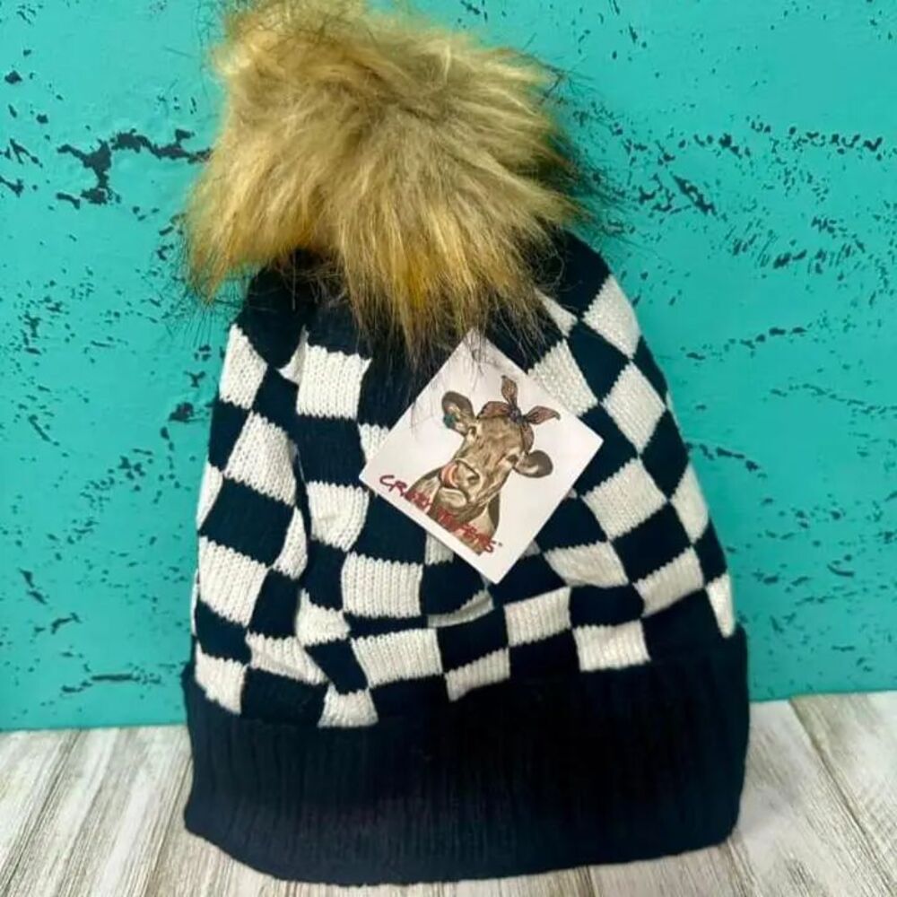 The Checkered Fur Pom Beanie Brand NEW Beanie Hat!!